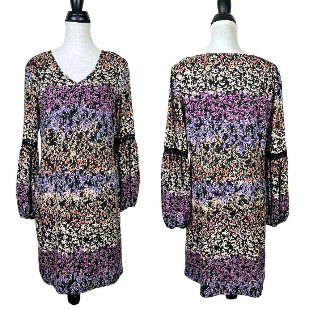 MSK | Black & Purple Micro Floral Print Long Sleeve V-neck Mini Shift Dress